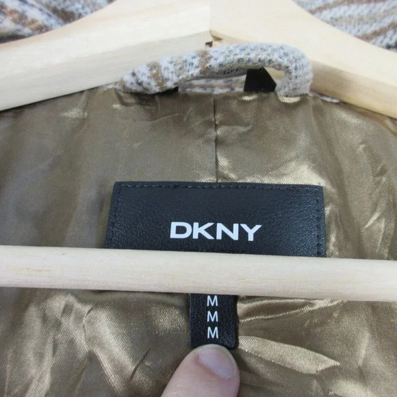 DKNY Women's Plaid Wool-Blend Pea Coat Academia Collar Outwear Jacket Tan M 1198 - Picture 3 of 14